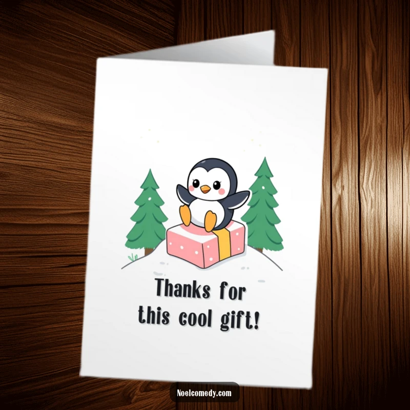 Funny Free Printable Thank You Card: A happy penguin speeding down a snow-covered hill riding on a beautifully wrapped gift.