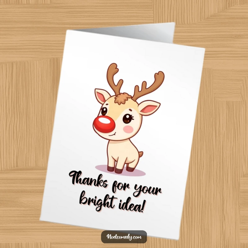 Funny Free Printable Thank You Card: A reindeer with a glowing red nose, sending heartfelt thanks.