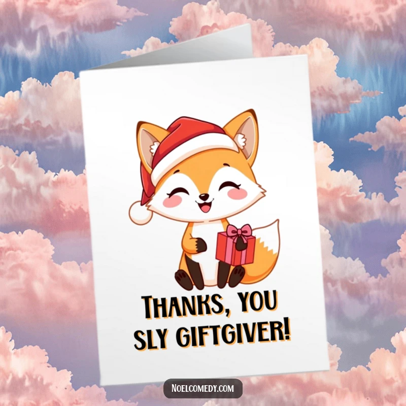 Funny Free Printable Thank You Card of a joyful fox in a Santa hat, holding a wrapped present.