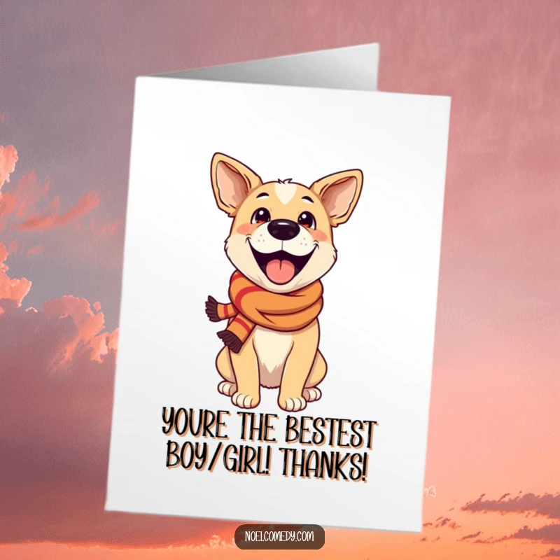 Funny Free Printable Thank You Card: An excited dog wearing a festive scarf, a charming downloadable DIY gift of thanks.