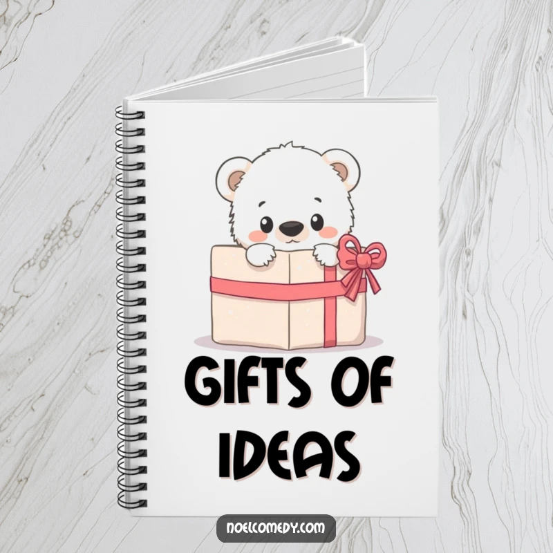 Funny Notebook: A curious polar bear cub peeking from behind a gift, designed for jotting down notes with adorable flair.
