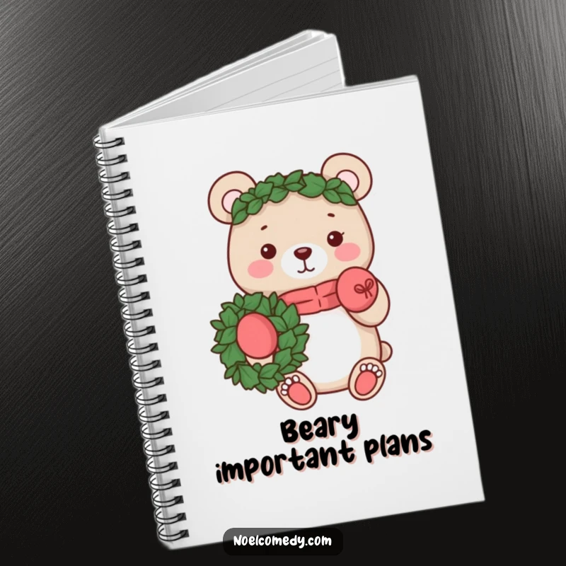 Funny notebook with a cheerful bear wearing mittens, holding a wreath. Perfect for holiday planning.