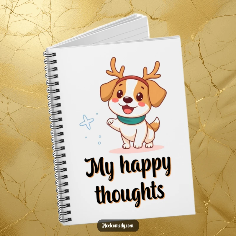 Funny Notebook cover with a happy dog in a reindeer headband chasing a snowflake, ready for notes.