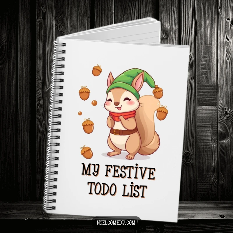 Funny notebook featuring a squirrel elf tossing acorns like ornaments, perfect for holiday journaling.