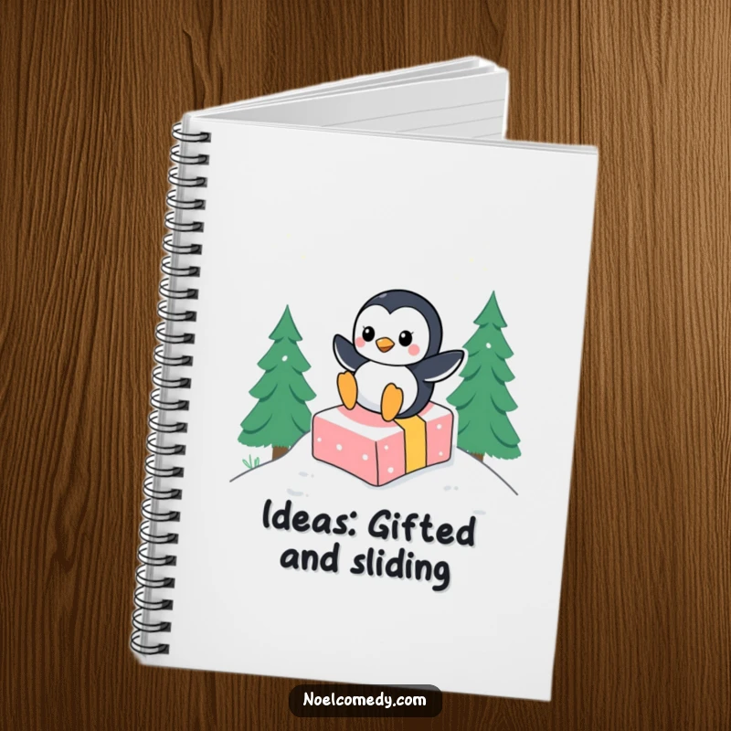 Funny notebook cover depicting a happy penguin character joyfully sliding down a snowy hill on a gift, ready for notes.