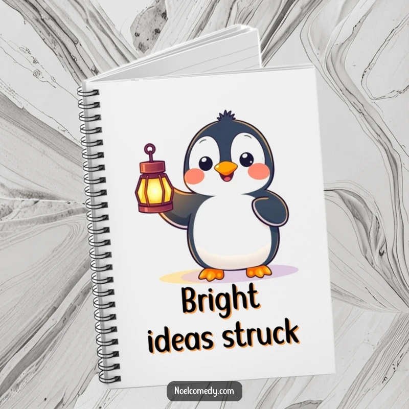 Funny notebook cover featuring a happy penguin looking surprised while holding a glowing lantern, ideal for journaling delightful discoveries.