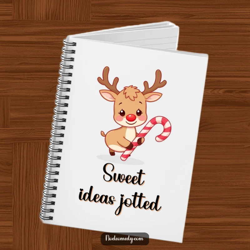Funny notebook cover featuring a playful reindeer gently nudging a candy cane, perfect for holiday journaling and notes.