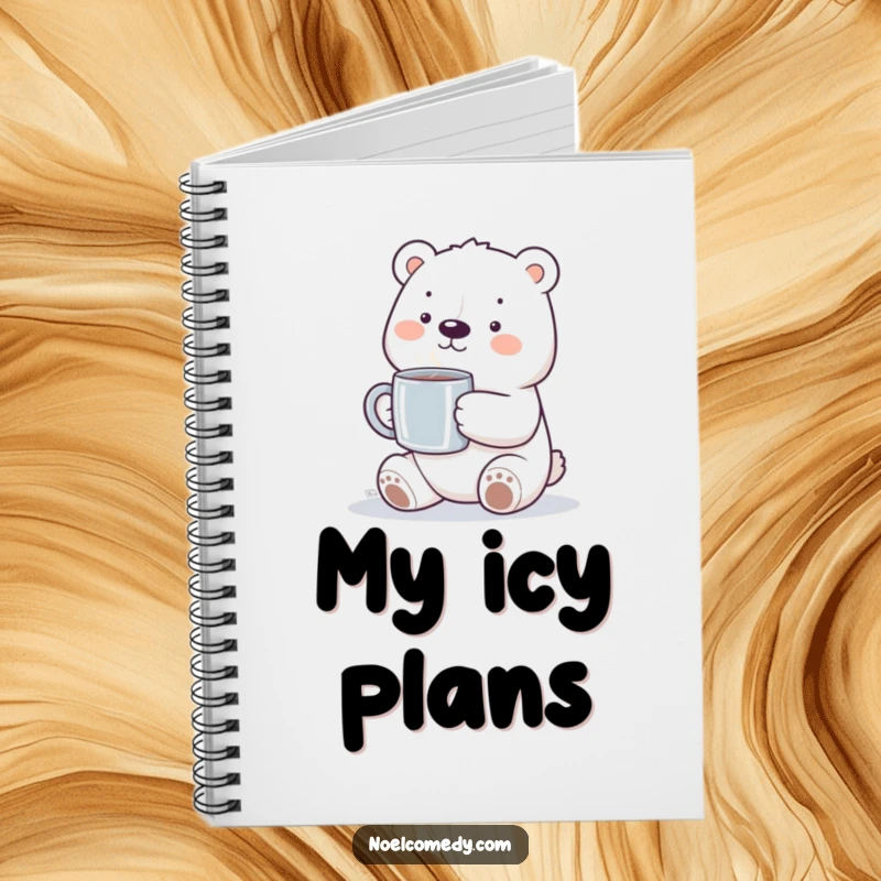 Funny polar bear notebook with a smiling bear holding a steaming mug, ideal for jotting down thoughts and ideas.