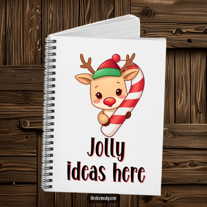 Funny cute reindeer with a glowing red nose, peeking from around a giant candy cane, featured on a festive notebook cover.