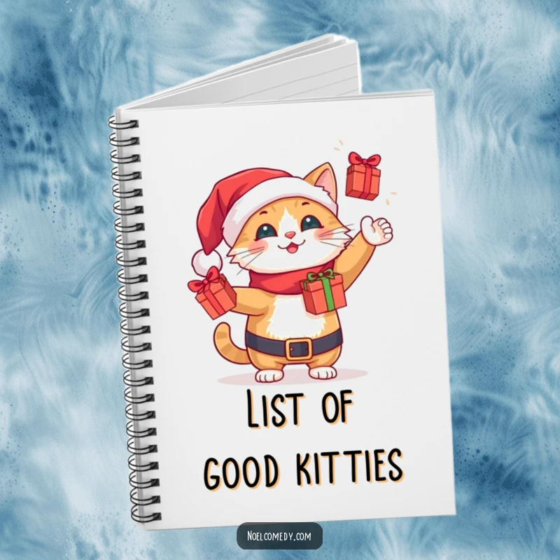 Funny cheerful Santa cat juggling tiny wrapped gift boxes, featured on a festive notebook cover.