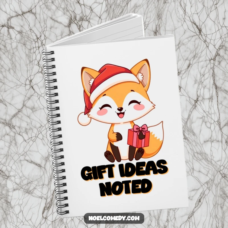 Funny notebook cover featuring a joyful fox wearing a Santa hat and holding a Christmas present, perfect for holiday journaling.