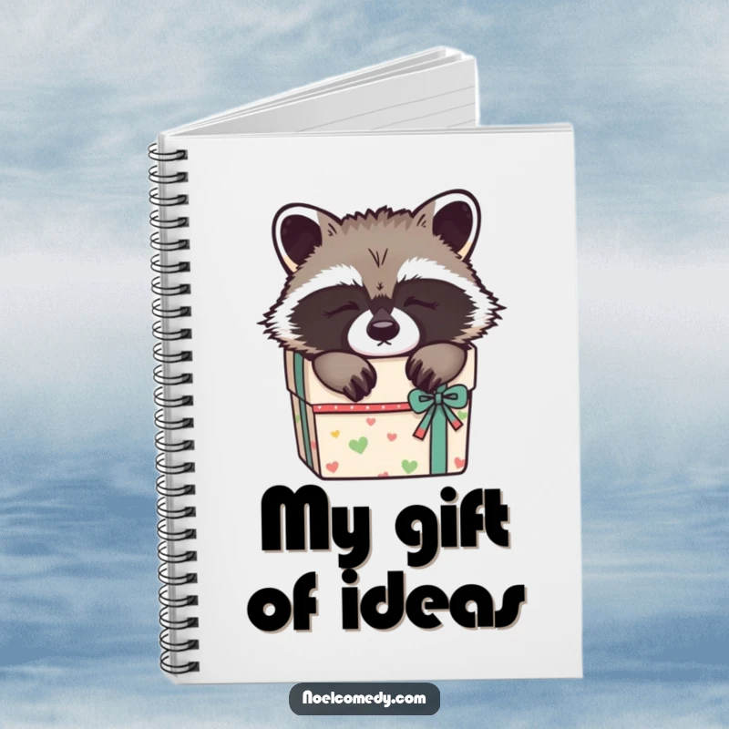 Funny Sleepy Raccoon Notebook: A sleepy raccoon in a gift box, ideal for jotting down notes with a touch of peaceful humor.