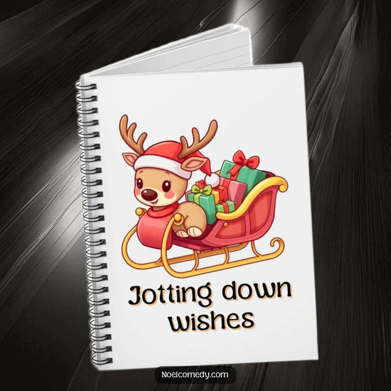 Funny notebook with a small reindeer wearing a Santa hat pulling a sleigh overflowing with presents, perfect for holiday notes.