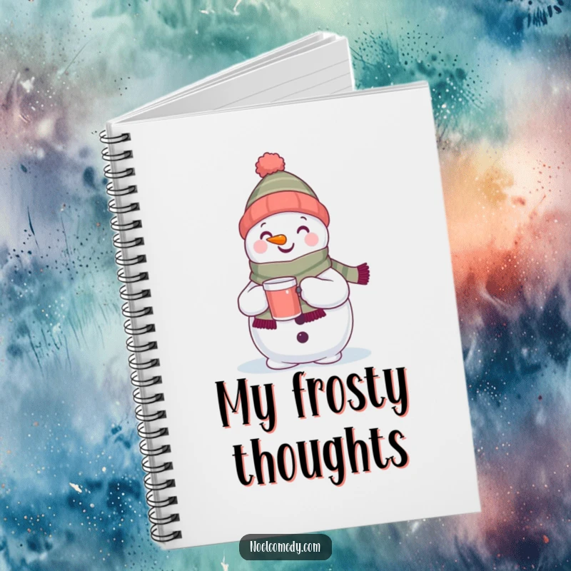 Funny notebook with a happy snowman wearing a scarf, holding a drink. Perfect for holiday planning.
