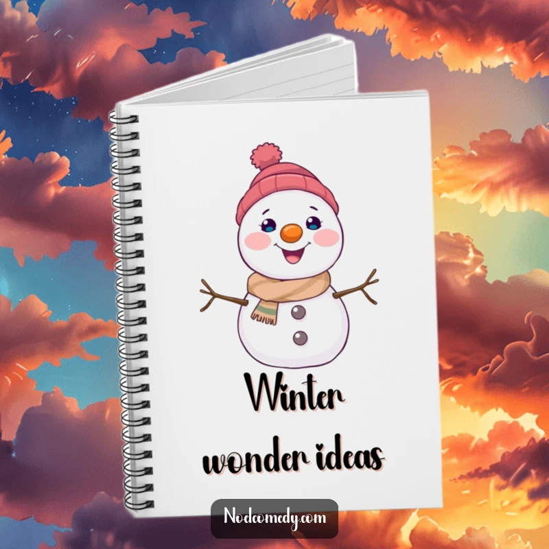 Funny snowman notebook featuring a joyful character with a carrot nose, perfect for notes, journaling, and winter planning.