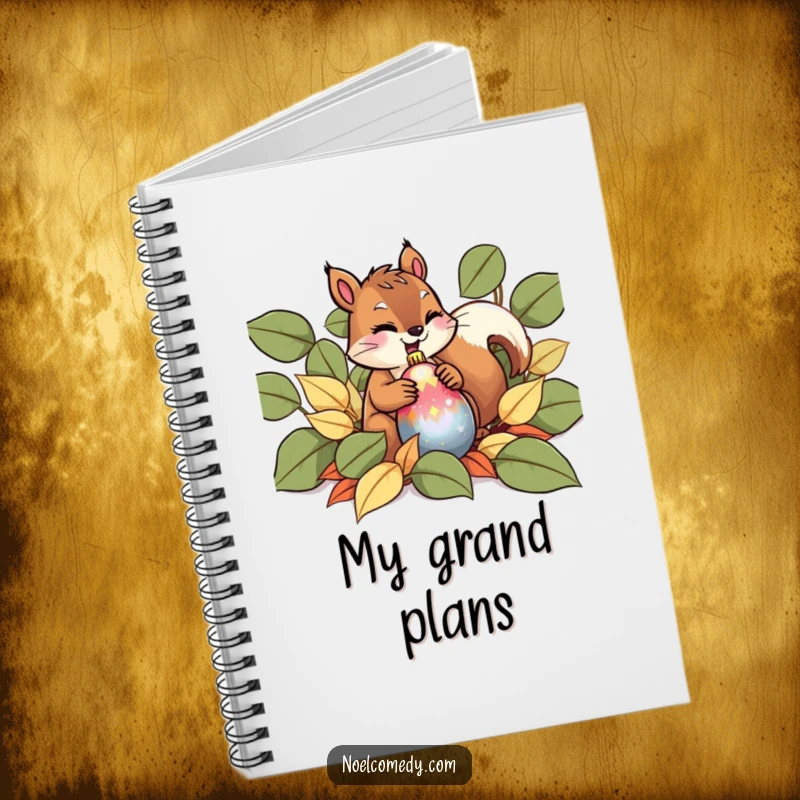 Funny Notebook cover with a giggling squirrel hiding a shiny Christmas ornament in leaves, ready for notes.