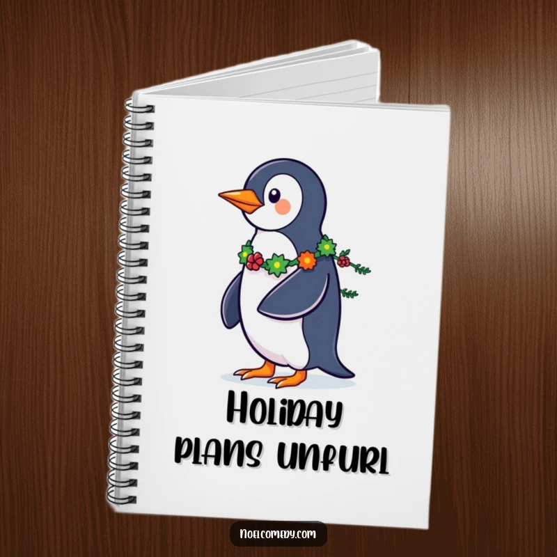 Funny Penguin Notebook: A strutting penguin with a garland tail, perfect for jotting down festive ideas and holiday plans.