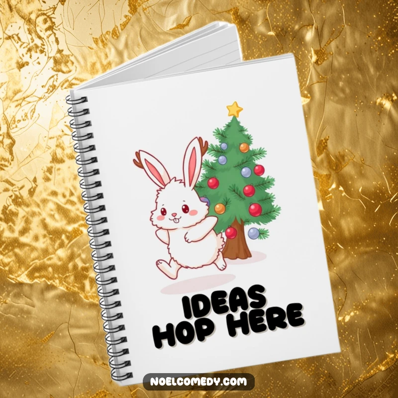 Funny Notebook cover with a fluffy bunny sporting antlers, hopping excitedly near a decorated evergreen, ready for notes.