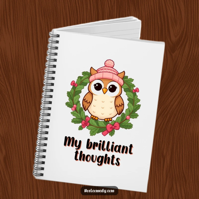 Funny notebook with a cheerful owl in a knitted cap on a festive wreath, perfect for jotting down notes.