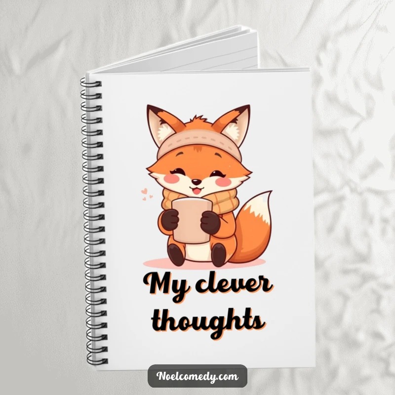 Funny Notebook: A happy fox in a scarf holding a warm mug, designed for jotting down cozy thoughts with charm.