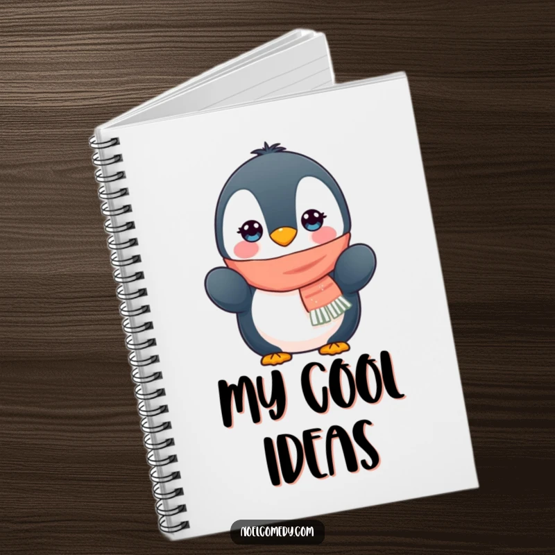 Funny notebook with a cute penguin wearing a scarf and mittens, ideal for jotting down winter ideas.