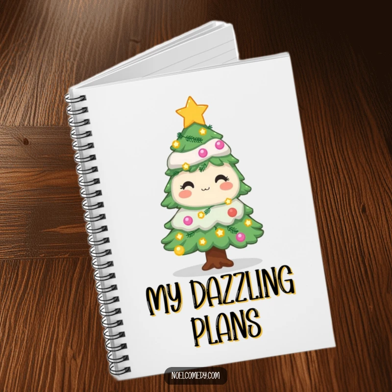 Funny holiday tree notebook featuring a decorated pine with twinkling lights and stars, ideal for jotting down festive ideas.