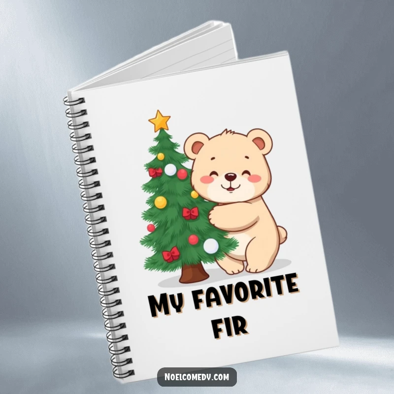 Funny notebook with a cover showing a happy bear cub hugging a decorated Christmas tree, inspiring festive writing.