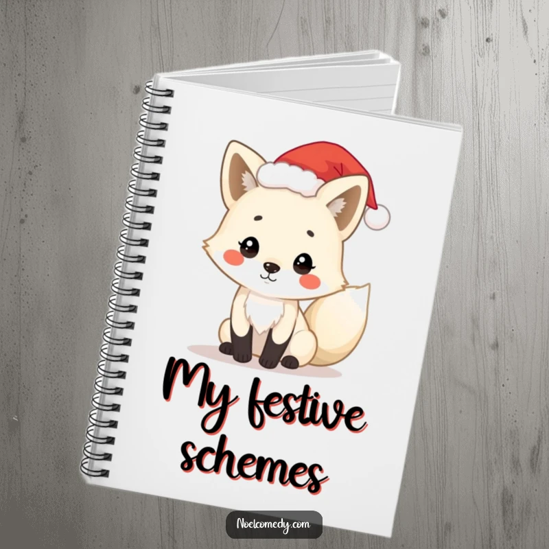 Funny arctic fox notebook with a playful fox wearing a tiny Santa hat, ideal for jotting down festive ideas and plans.