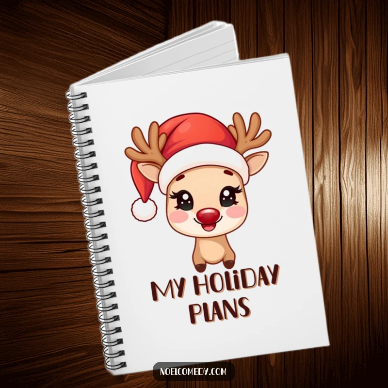 Funny Notebook cover with a joyful reindeer wearing a Santa hat and twinkling eyes, perfect for holiday notes.