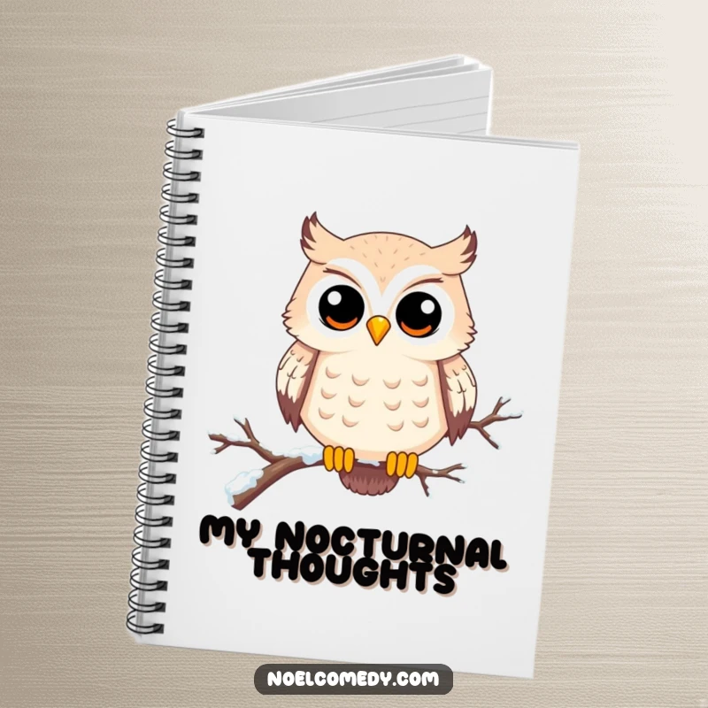 Funny notebook with a happy, wide-eyed owl on a snowy branch. Perfect for jotting down ideas.