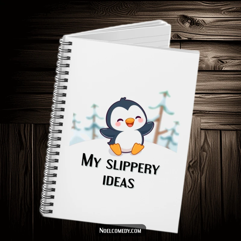 Funny Notebook cover with a giggling penguin sliding gleefully down a snowy hill, perfect for winter notes.