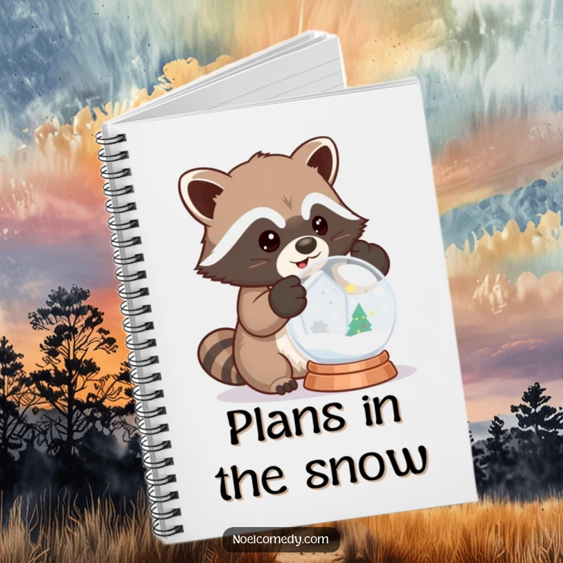 Funny notebook cover with a raccoon wearing mittens and shaking a snow globe, great for notes.