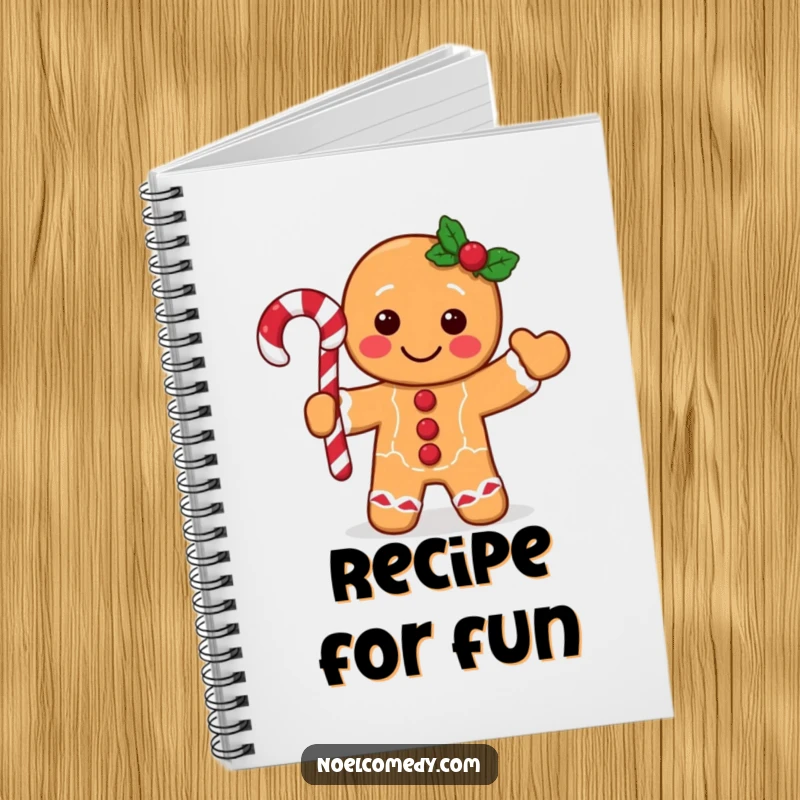 Funny gingerbread man notebook featuring a festive character waving a candy cane, great for notes and holiday planning.