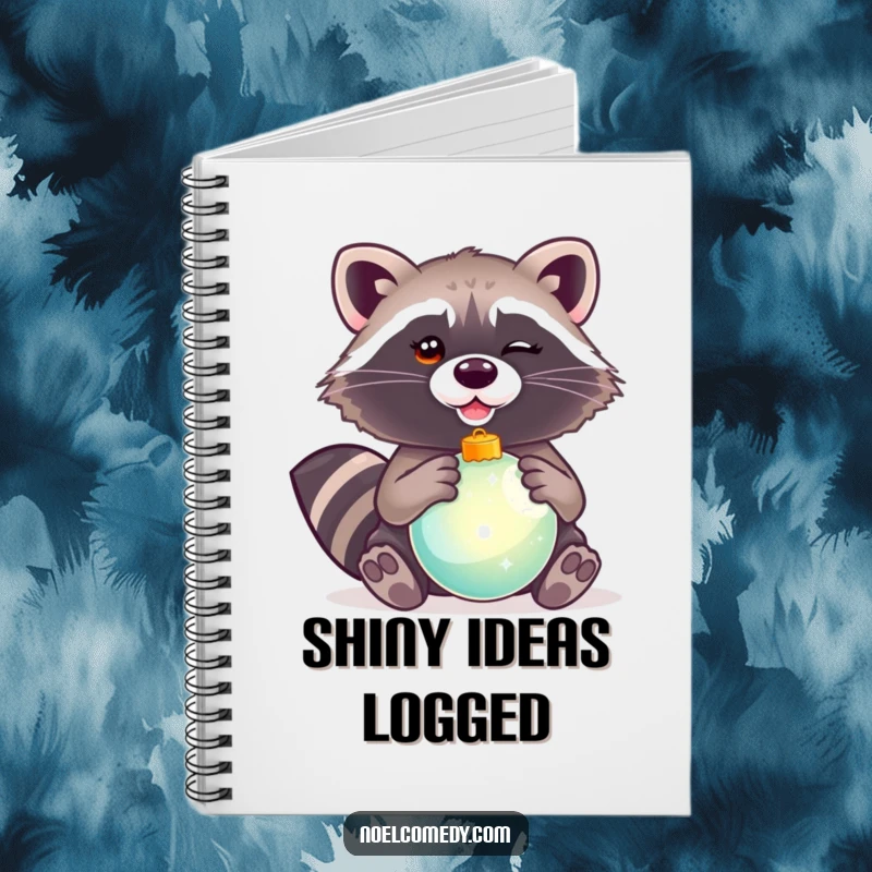 Funny notebook cover featuring a winking raccoon holding a shiny Christmas ornament, inspiring festive note-taking.