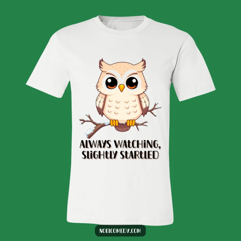 Funny Owl T-Shirt: Curious character on snowy branch, a perfect funny gift for winter.