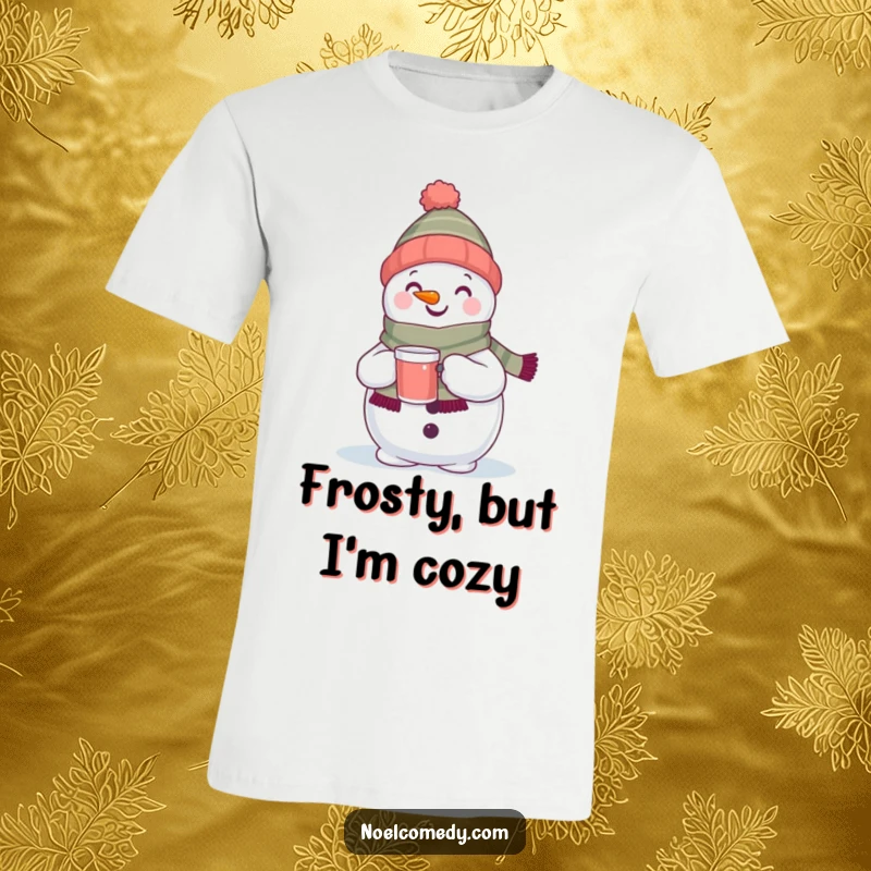 Funny t-shirt with a smiling snowman wearing a scarf and holding a hot drink, embodying winter fun. Ideal for holiday lovers.