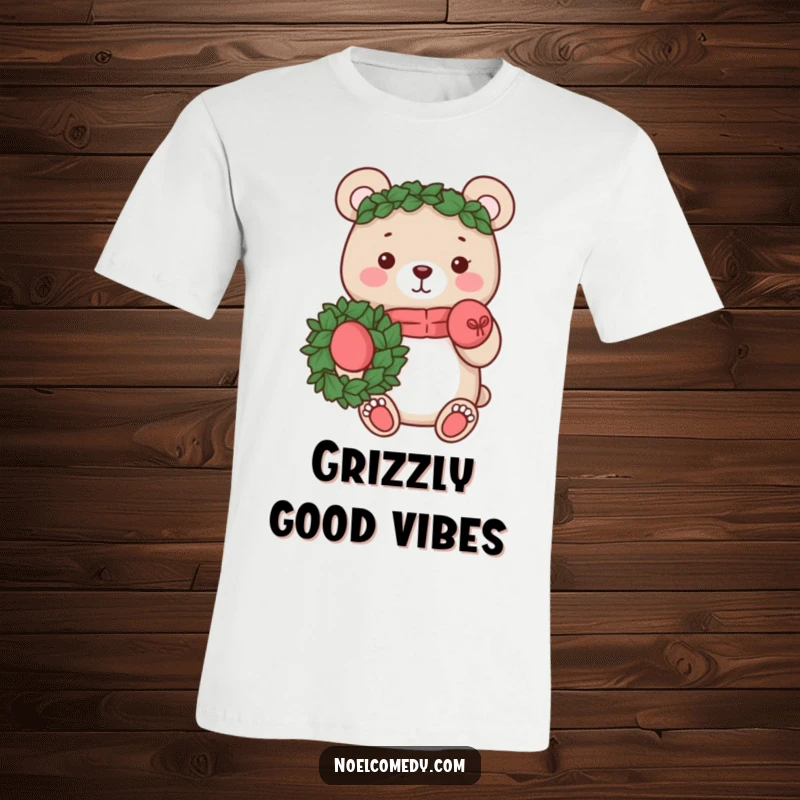 Funny t-shirt with a cheerful bear in mittens holding a wreath, embodying holiday spirit. Great for nature lovers.
