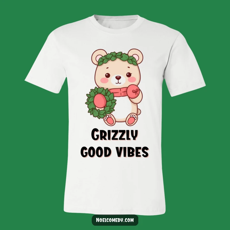 Funny Bear Wreath T-Shirt: Cozy character with mittens, a perfect funny gift for holiday cheer.