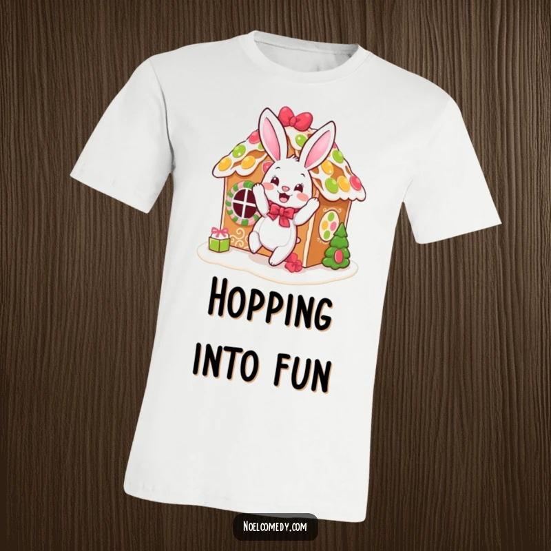 Funny t-shirt featuring a bouncing bunny bustling about, decorating a gingerbread house with festive cheer.