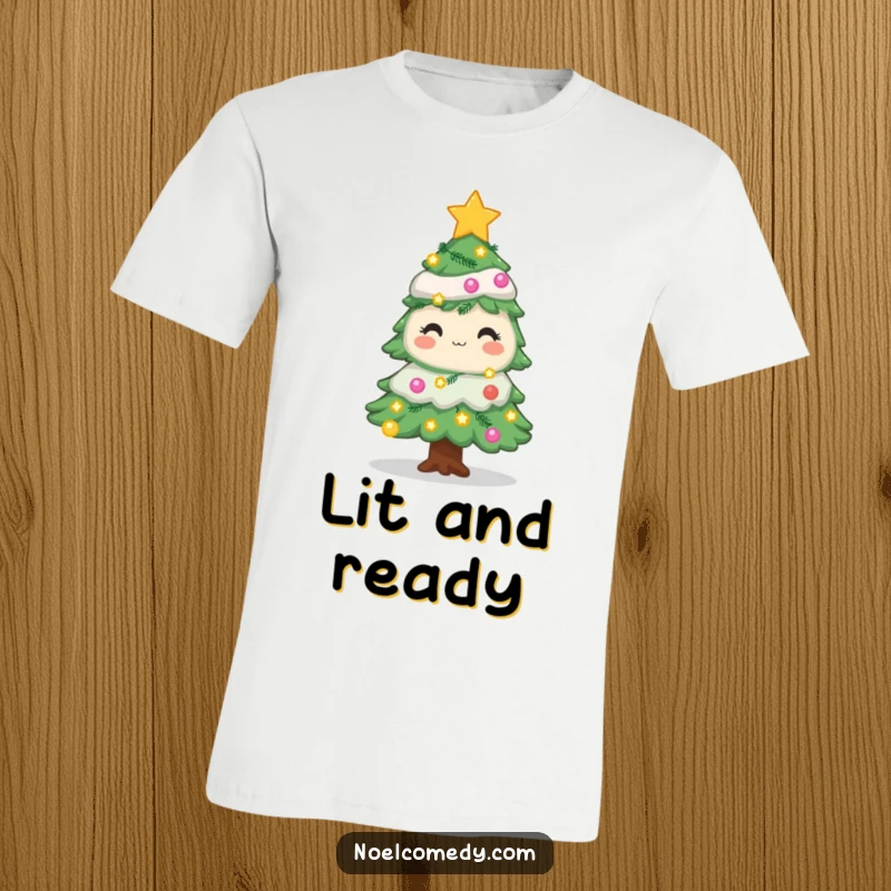 Funny decorated pine tree t-shirt with twinkling lights and stars, perfect for holiday celebrations and spreading festive laughter.