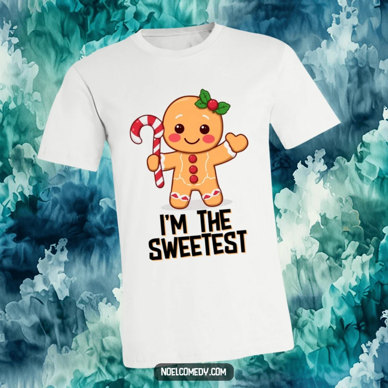 Funny gingerbread man t-shirt with a cheerful character enthusiastically waving a candy cane, perfect for holiday celebrations.