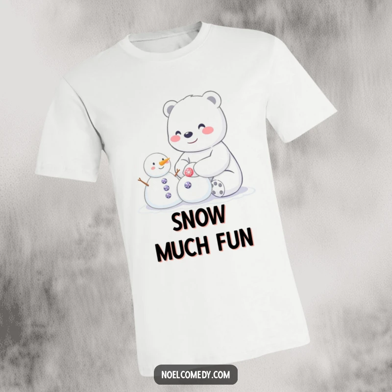 Funny t-shirt of a happy polar bear building a small snowman adorned with sparkly buttons, ideal for winter enthusiasts.