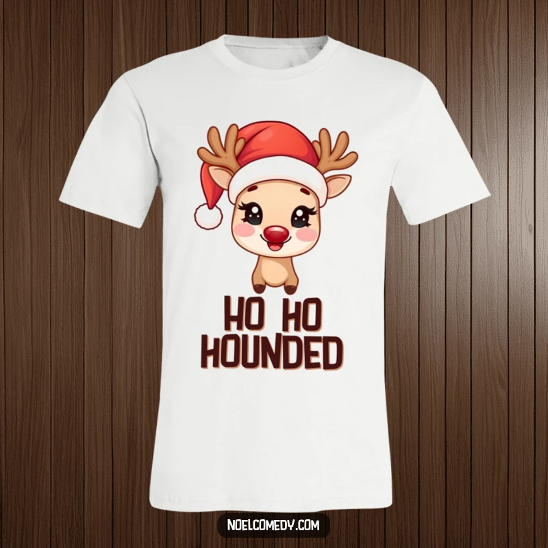 Funny T-Shirt featuring a joyful reindeer with twinkling eyes, wearing a Santa hat, embodying Christmas cheer.