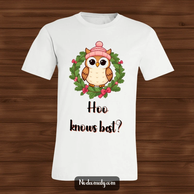 Funny t-shirt with a cheerful owl in a small knitted cap sitting on a festive wreath, exuding holiday joy.