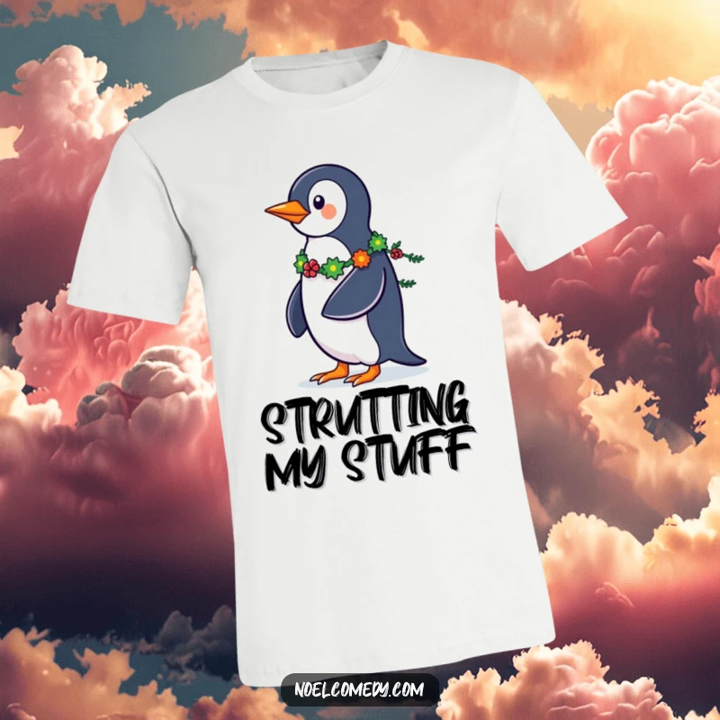 Funny Penguin T-Shirt: A strutting penguin with a vibrant garland tail, bringing festive humor and style.