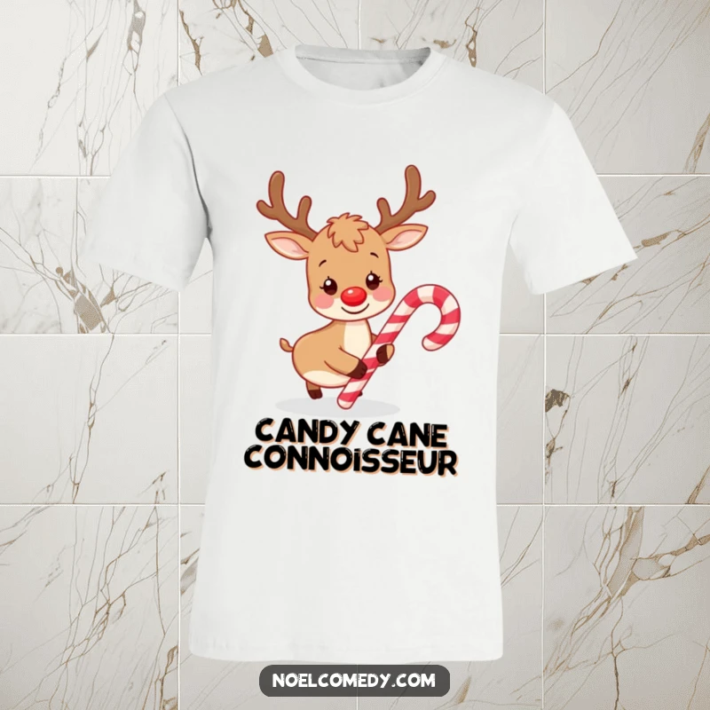 Funny t-shirt graphic of a happy reindeer playfully nudging a large candy cane with its nose, capturing a moment of sweet holiday mischief.