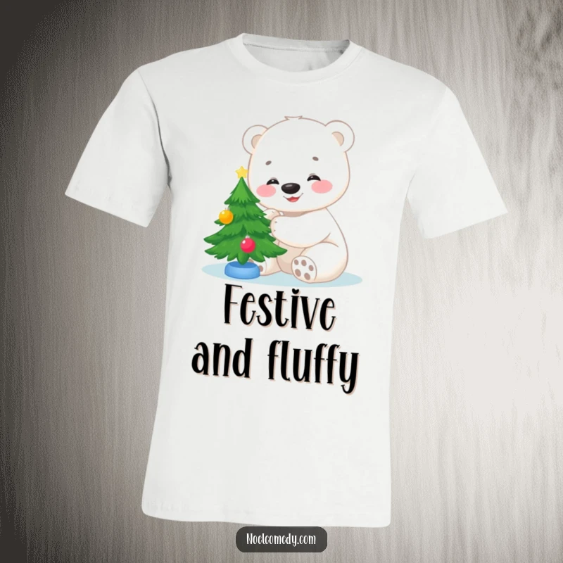 Funny t-shirt graphic of a smiling polar bear cub adorably decorating a miniature Christmas tree, radiating holiday joy and cuteness.
