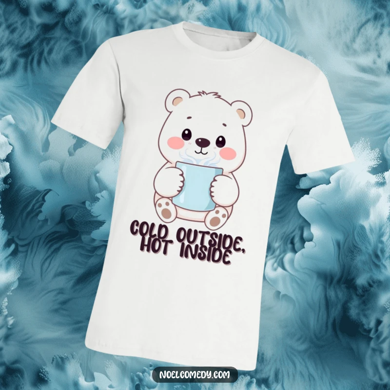 Funny t-shirt featuring a smiling polar bear character holding a steaming mug, embodying warmth and friendly cheer.