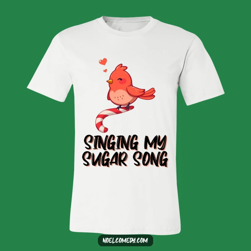 Funny Red Bird Candy Cane T-Shirt: Merry Singing Bird Tee, Festive Gift