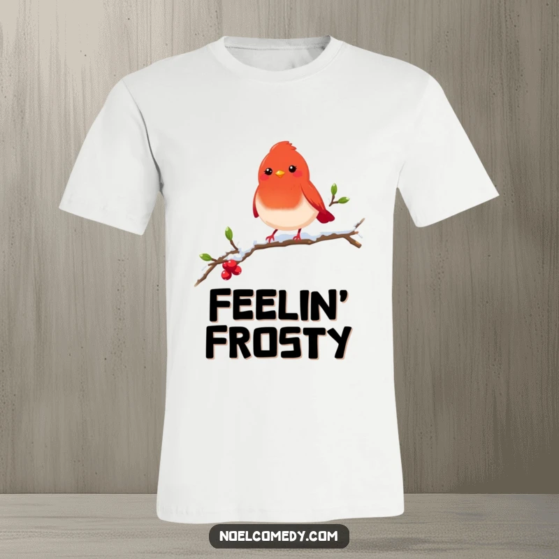 Funny red robin t-shirt with a cheerful bird perched on a snowy branch, perfect for showcasing winter charm and bird appreciation.